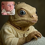 A wide-eyed baby with a smooth bald head is clutching a textured blanket, looking off to the side with a curious and slightly surprised expression, while being gently held by an unseen person.