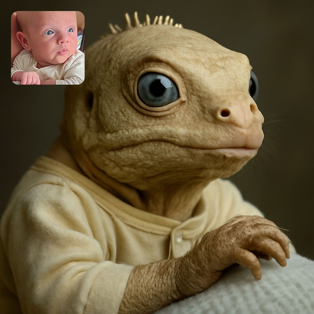 A wide-eyed baby with a smooth bald head is clutching a textured blanket, looking off to the side with a curious and slightly surprised expression, while being gently held by an unseen person.