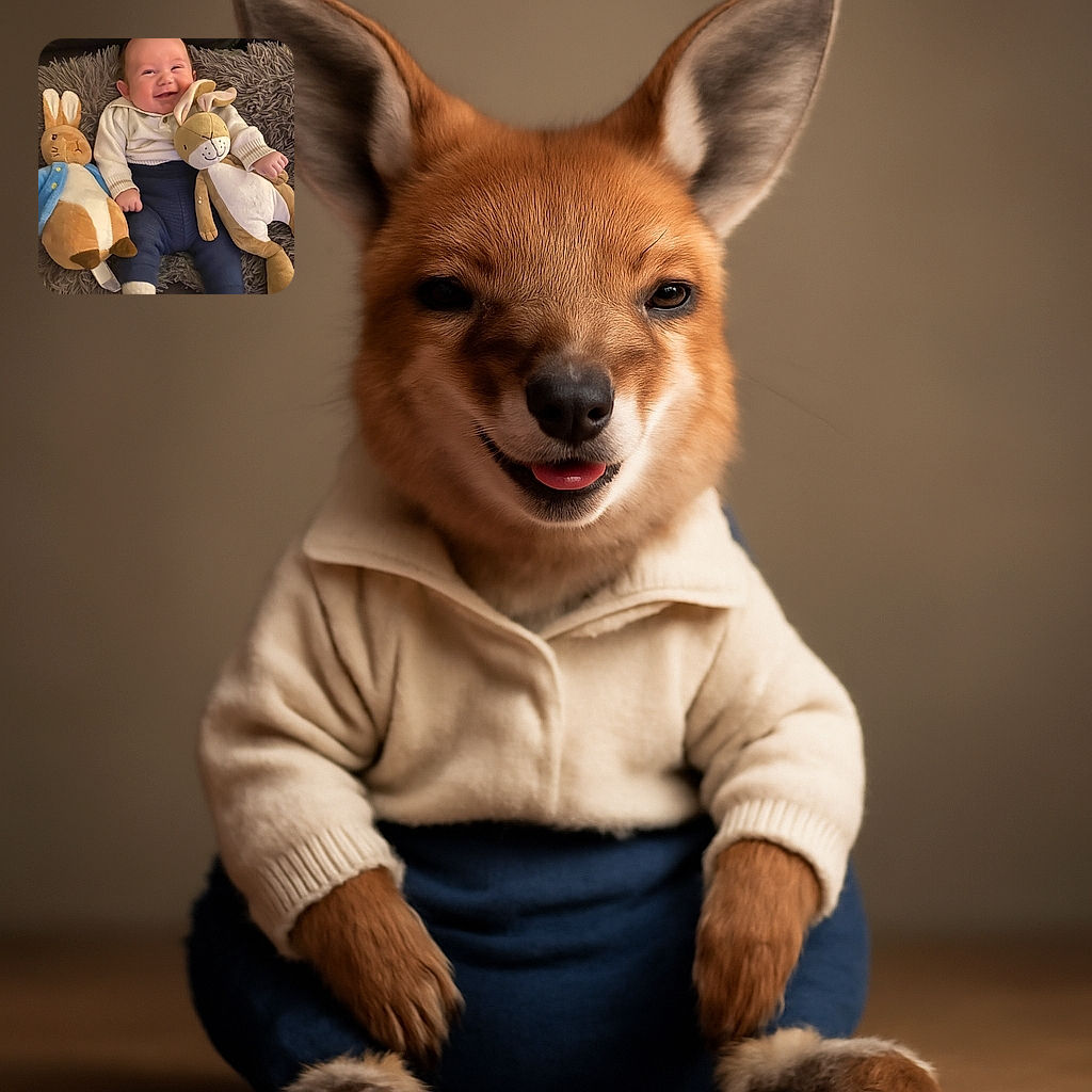 A joyful baby in cozy clothes lounges on a fluffy gray pillow, flanked by two adorable stuffed bunnies, flashing a mischievous smile that could melt hearts everywhere.