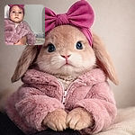 A wide-eyed baby in a huge magenta bow and fluffy pink jacket gazes upward like a tiny philosopher while an adult hand gently supports them; neutral wall and a power outlet quietly photobomb the right side. Cozy indoor snapshot with soft lighting and sharp focus on the face—cute, candid, and slightly dramatic.