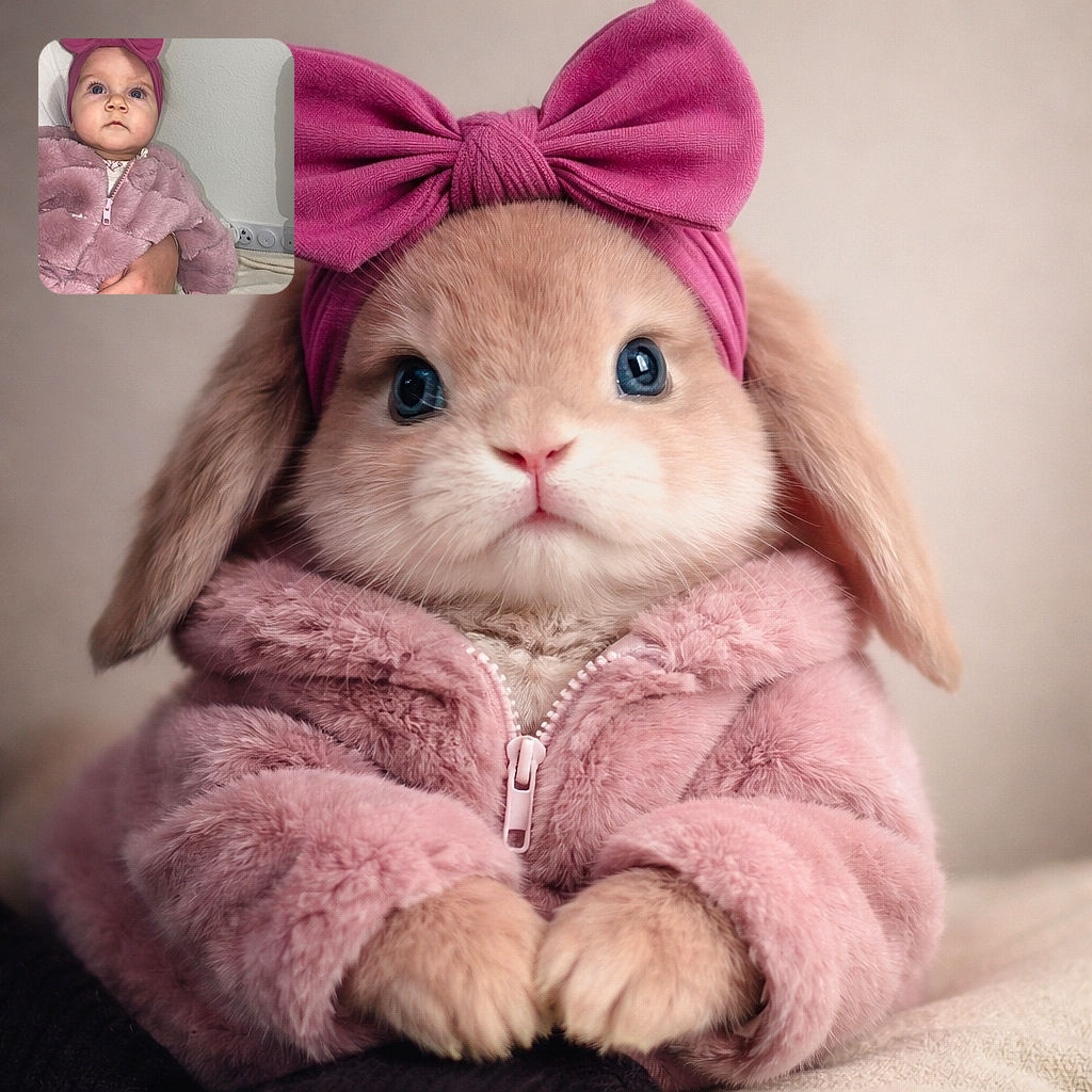 A wide-eyed baby in a huge magenta bow and fluffy pink jacket gazes upward like a tiny philosopher while an adult hand gently supports them; neutral wall and a power outlet quietly photobomb the right side. Cozy indoor snapshot with soft lighting and sharp focus on the face—cute, candid, and slightly dramatic.