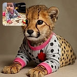 A curious baby in a polka-dotted gray and pink outfit is crawling on a colorful play mat decorated with giraffes and elephants, with toys scattered nearby and a cozy living room setting in the background.