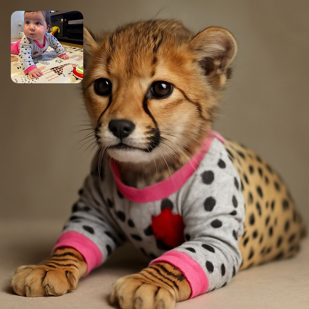 A curious baby in a polka-dotted gray and pink outfit is crawling on a colorful play mat decorated with giraffes and elephants, with toys scattered nearby and a cozy living room setting in the background.