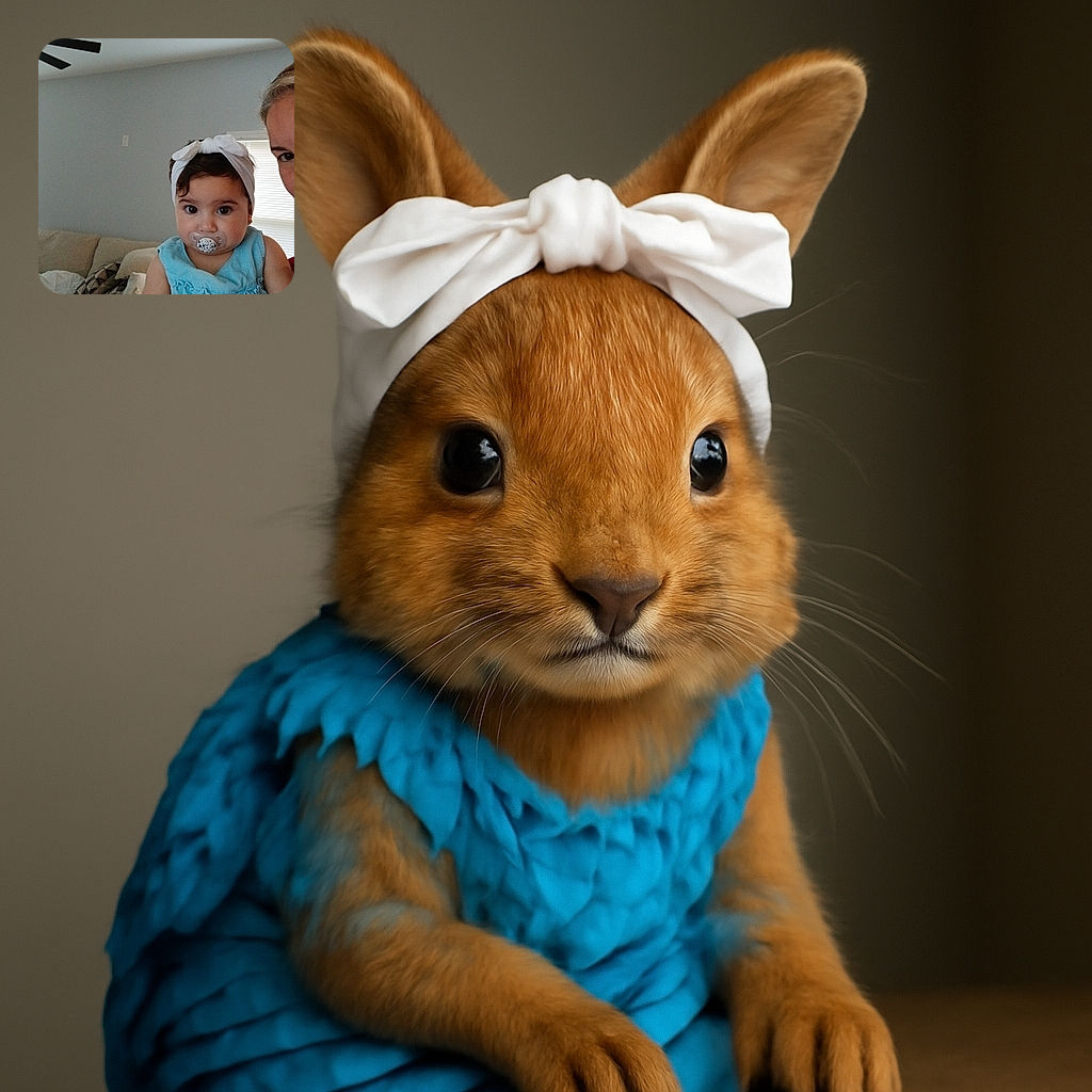 A cute baby with a white headband and pacifier stares curiously at the camera, sitting comfortably indoors with a cozy couch and pillows in the background, while a partial adult face peeks in from the right.