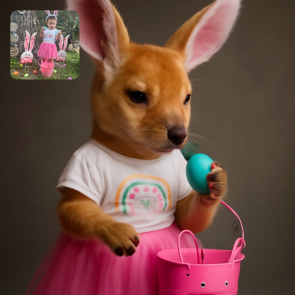 A cute toddler dressed in a pink tutu and bunny ears is busy inspecting colorful Easter eggs in a whimsical garden setting, surrounded by playful bunny decorations and a pink bunny-themed bucket.