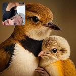 A close-up selfie of an adult and a baby, with the baby wearing a fuzzy hat and gazing curiously. The adult's face is partially visible, and there's a small inset video call screen showing a person facing away in a chair, adding a quirky tech twist.