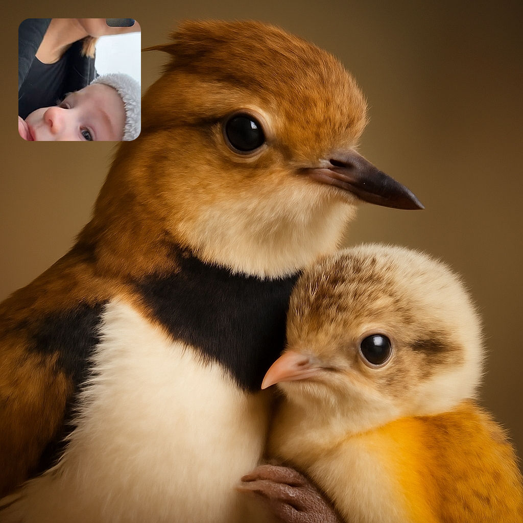 A close-up selfie of an adult and a baby, with the baby wearing a fuzzy hat and gazing curiously. The adult's face is partially visible, and there's a small inset video call screen showing a person facing away in a chair, adding a quirky tech twist.