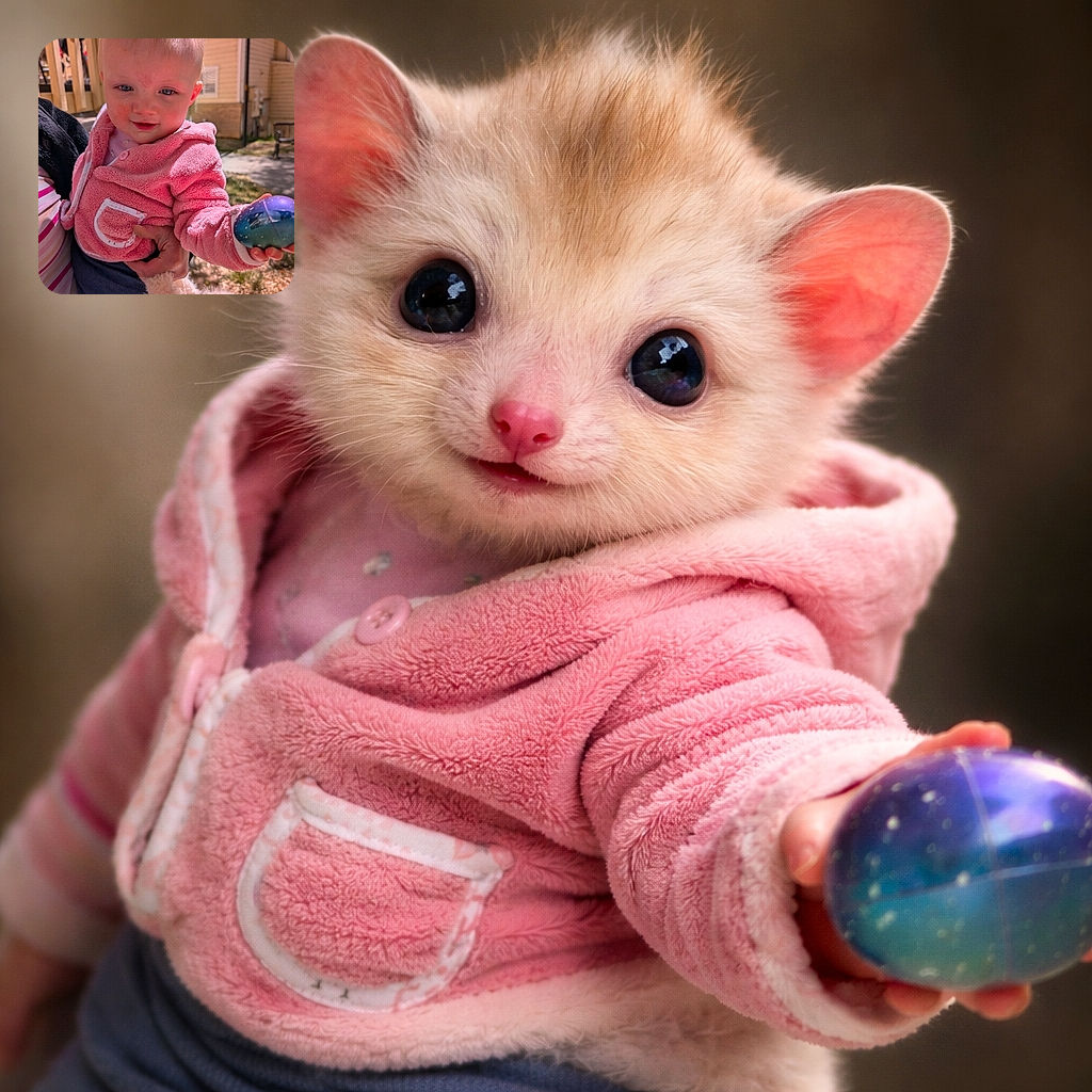 A cute toddler in a fuzzy pink jacket holds a colorful egg-shaped toy, with a sunny outdoor background and a supportive hand gently holding them.