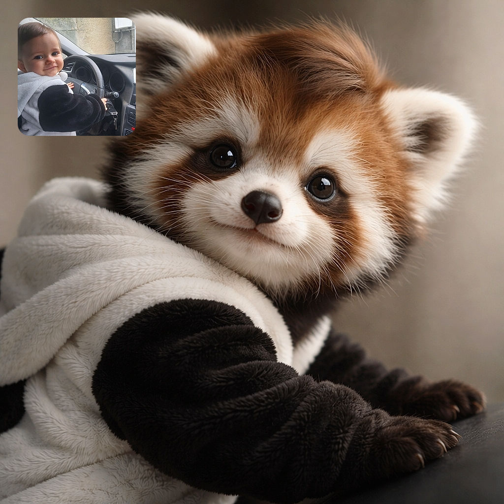 A cheeky toddler grins like a tiny getaway driver, hands on the steering wheel and car keys dangling nearby — rocking a cozy black-and-white hooded jacket while a stone wall and window frame the scene outside.