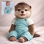 A happy baby sitting upright on a white bed, wearing a light blue romper and white socks, smiling with an adorable tuft of hair sticking up, radiating pure joy and innocence.