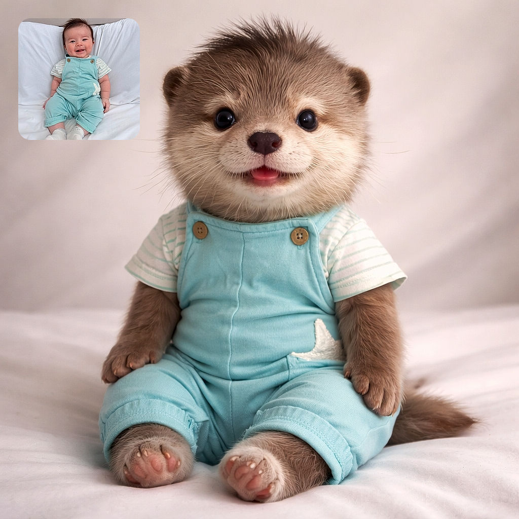 A happy baby sitting upright on a white bed, wearing a light blue romper and white socks, smiling with an adorable tuft of hair sticking up, radiating pure joy and innocence.