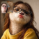 A young child with glasses makes a playful duck face selfie from a low angle, surrounded by a rustic kitchen background with stone walls and cabinets.