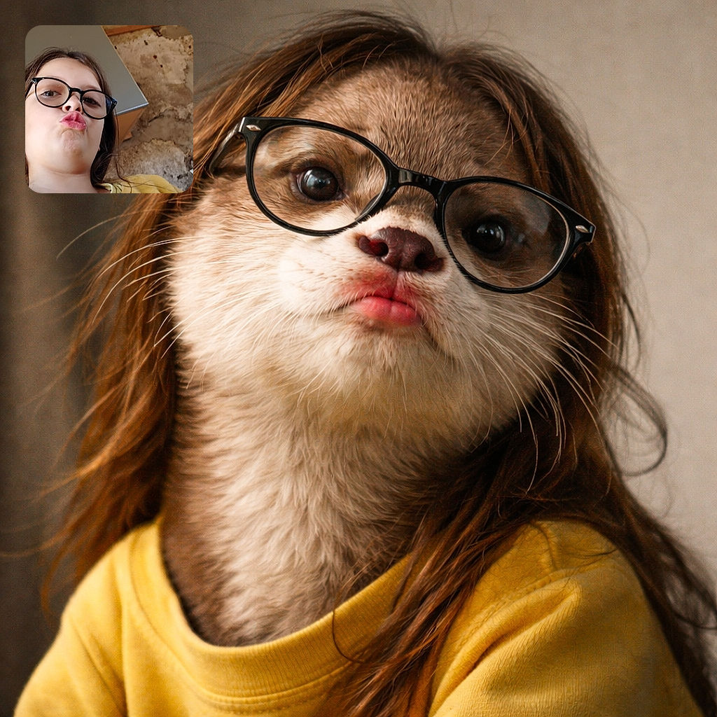 A young child with glasses makes a playful duck face selfie from a low angle, surrounded by a rustic kitchen background with stone walls and cabinets.