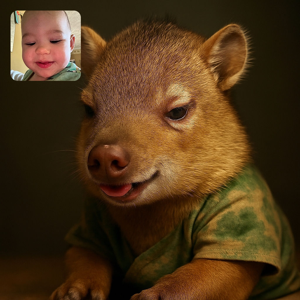 A close-up of an adorable baby with chubby cheeks and a tiny bit of drool shining on their lips, looking down with sleepy eyes. The background shows a cozy room with a colorful banner hinting at a celebration, making this snapshot a candid moment of pure baby charm.