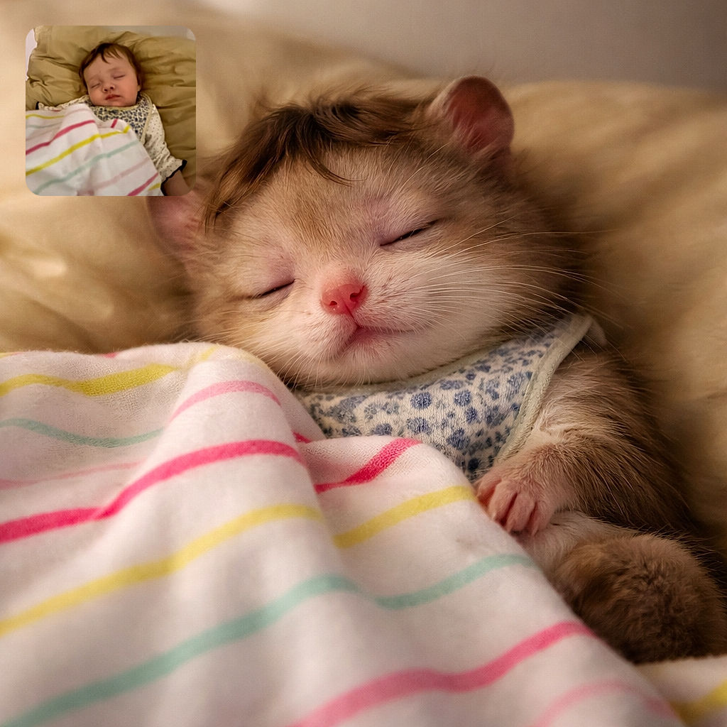 A sleepy baby peacefully napping under a colorful striped blanket, nestled against soft beige pillows, with a slightly blurry but heartwarming capture.