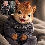 A joyful baby dressed in cozy dark grey pajamas is being held up, flashing a cheeky grin with a tiny tongue peek, set against a soft, rumpled bedding background.