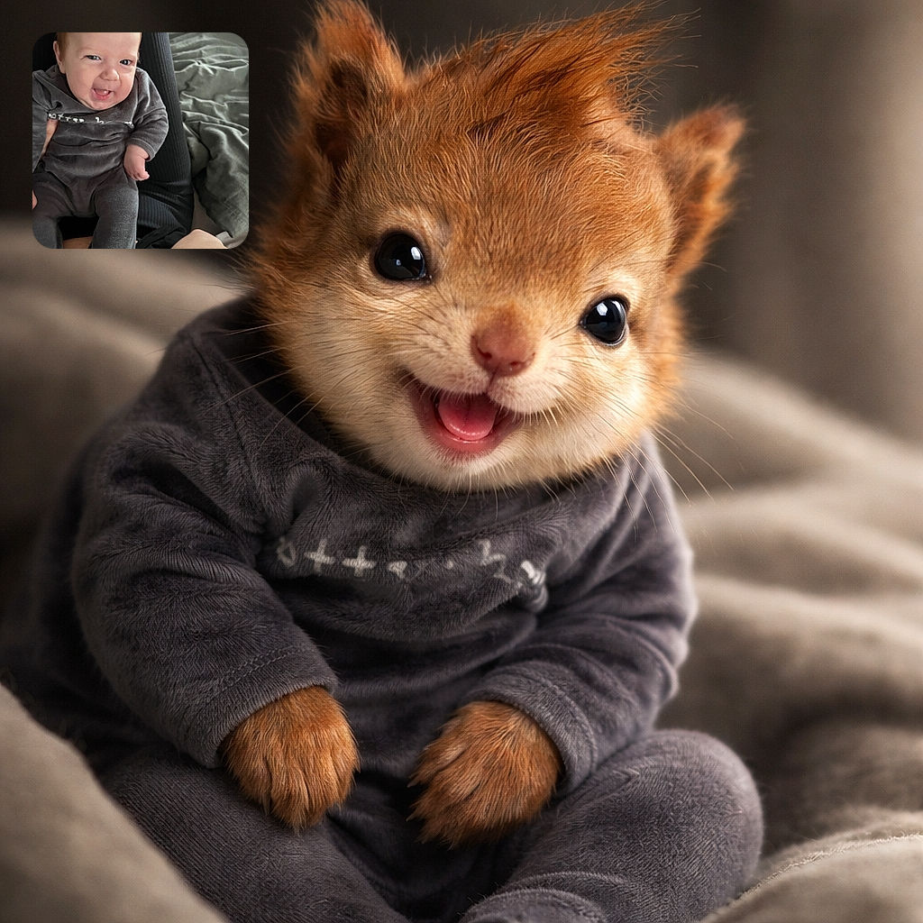 A joyful baby dressed in cozy dark grey pajamas is being held up, flashing a cheeky grin with a tiny tongue peek, set against a soft, rumpled bedding background.