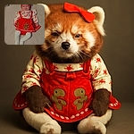 A charming baby dressed in festive red and white holiday attire lies comfortably on a soft beige blanket, sporting a big red bow headband and a gingerbread-themed dress, looking content and slightly sleepy.