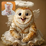 A joyful baby dressed as a tiny angel with fluffy white wings and a feathery halo, holding a sparkling star wand, sitting comfortably on a soft cushion with a warm orange backdrop.