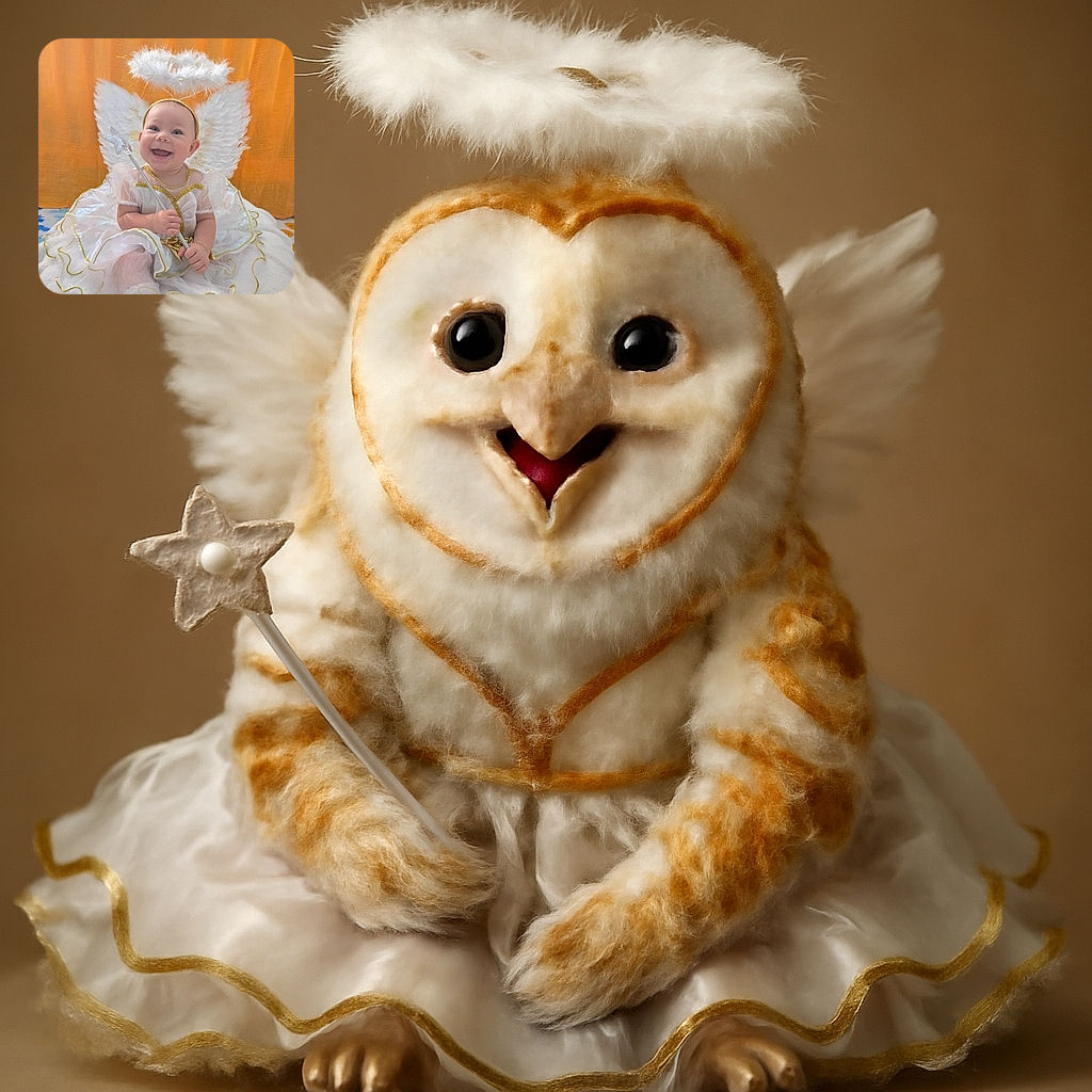 A joyful baby dressed as a tiny angel with fluffy white wings and a feathery halo, holding a sparkling star wand, sitting comfortably on a soft cushion with a warm orange backdrop.