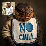 A smiling baby wearing a bib that says 'NO CHILL.' is sitting on someone's lap, looking directly at the camera with a cheeky expression. The background suggests a clinical or hospital setting, and the adult holding the baby is partially visible, wearing a hoodie.