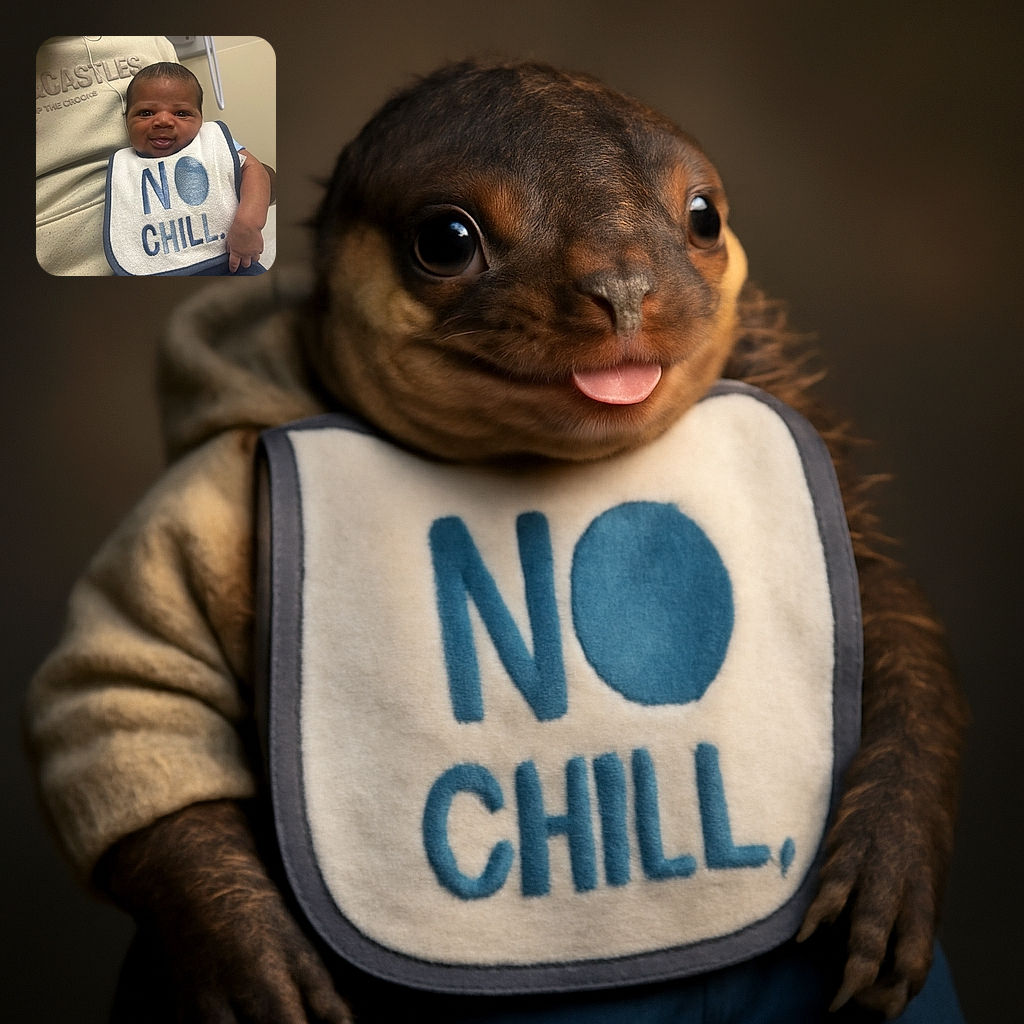 A smiling baby wearing a bib that says 'NO CHILL.' is sitting on someone's lap, looking directly at the camera with a cheeky expression. The background suggests a clinical or hospital setting, and the adult holding the baby is partially visible, wearing a hoodie.