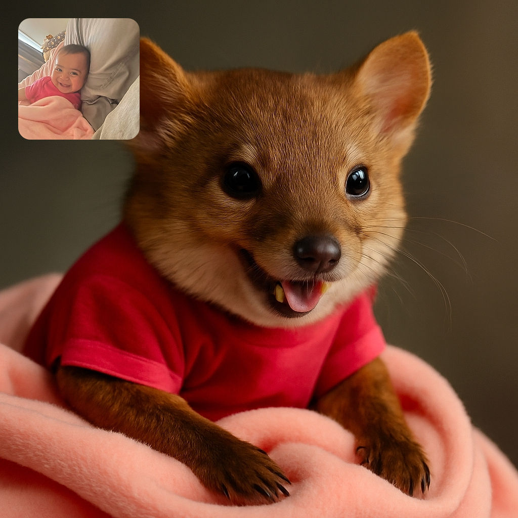 A joyful baby wrapped in a soft pink blanket, lying comfortably on a gray pillow, flashing a wide smile that could brighten anyone's day. The cozy setting and warm lighting add to the heartwarming vibe.
