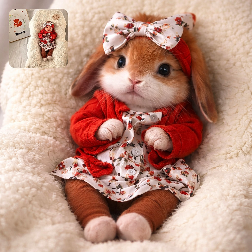 A tiny one‑month superstar lounges in a cloud‑soft lounger wearing a giant bow and floral dress, looking at the camera like it's plotting world domination. To the left a sleepy fox poster and a wooden '1 mois' disc complete the cozy, boutique-baby photoshoot vibe.