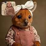 A wide-eyed baby wearing a cute white headband with big bow ears and a floral long-sleeve shirt under pink overalls lies on a cozy bed surrounded by soft toys, looking curiously at the camera with a calm, innocent expression.