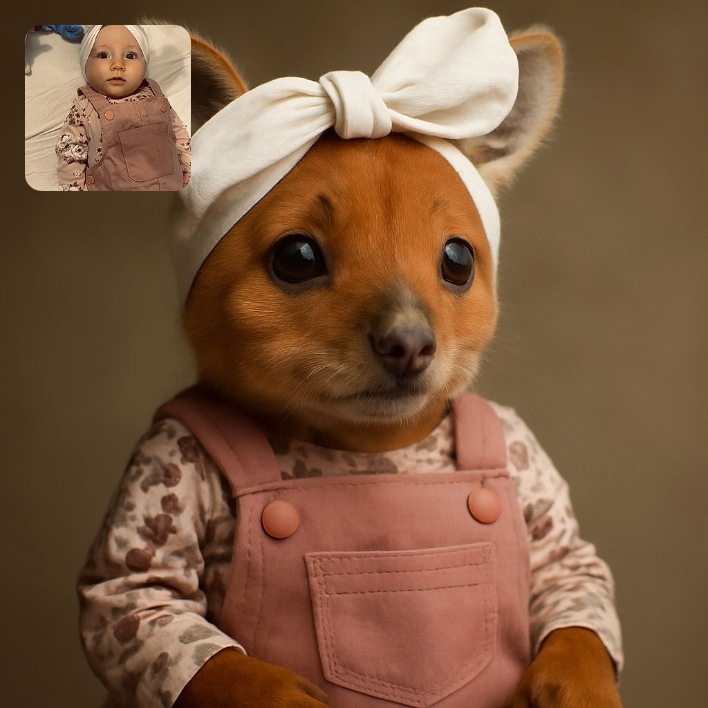 A wide-eyed baby wearing a cute white headband with big bow ears and a floral long-sleeve shirt under pink overalls lies on a cozy bed surrounded by soft toys, looking curiously at the camera with a calm, innocent expression.