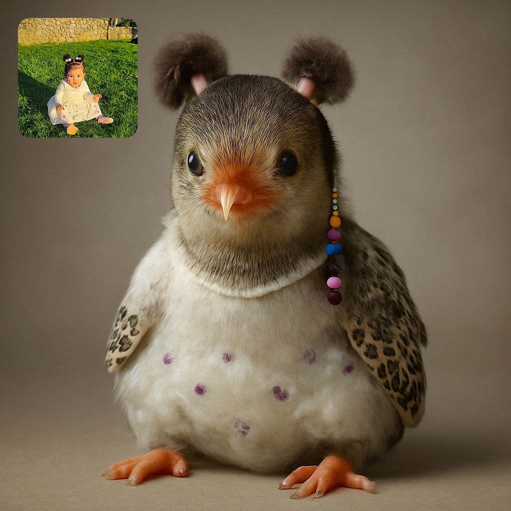 A cute toddler with colorful beaded hair sits on lush green grass, wearing a white dress with heart patterns and pink shoes, bathed in warm sunlight with a charming stone wall and trees blurred in the background.