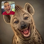 A freckle-faced child leans dramatically into the camera with an enormous open-mouthed grin, looking like they just discovered the world’s funniest joke. A bright red graphic T-shirt, sunny windows, and a wonderfully chaotic close-up make this portrait full of energetic summer-mischief vibes.