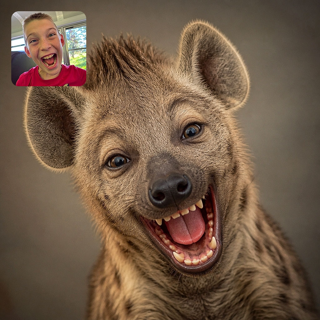 A freckle-faced child leans dramatically into the camera with an enormous open-mouthed grin, looking like they just discovered the world’s funniest joke. A bright red graphic T-shirt, sunny windows, and a wonderfully chaotic close-up make this portrait full of energetic summer-mischief vibes.