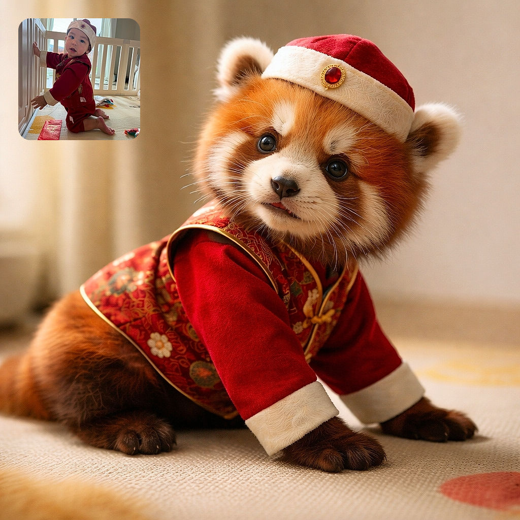 A chubby-cheeked toddler in festive red is mid-adventure in a playpen, balancing on their knees with a curious tilt and a tiny crown-like hat — surrounded by red envelopes and toys as if plotting their next heist of happiness.