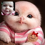 A close-up photo of a baby with a curious and slightly amused expression, wearing a pink and white striped outfit with a small smiling gingerbread figure on it. The background is dark, making the baby's face the main focus.