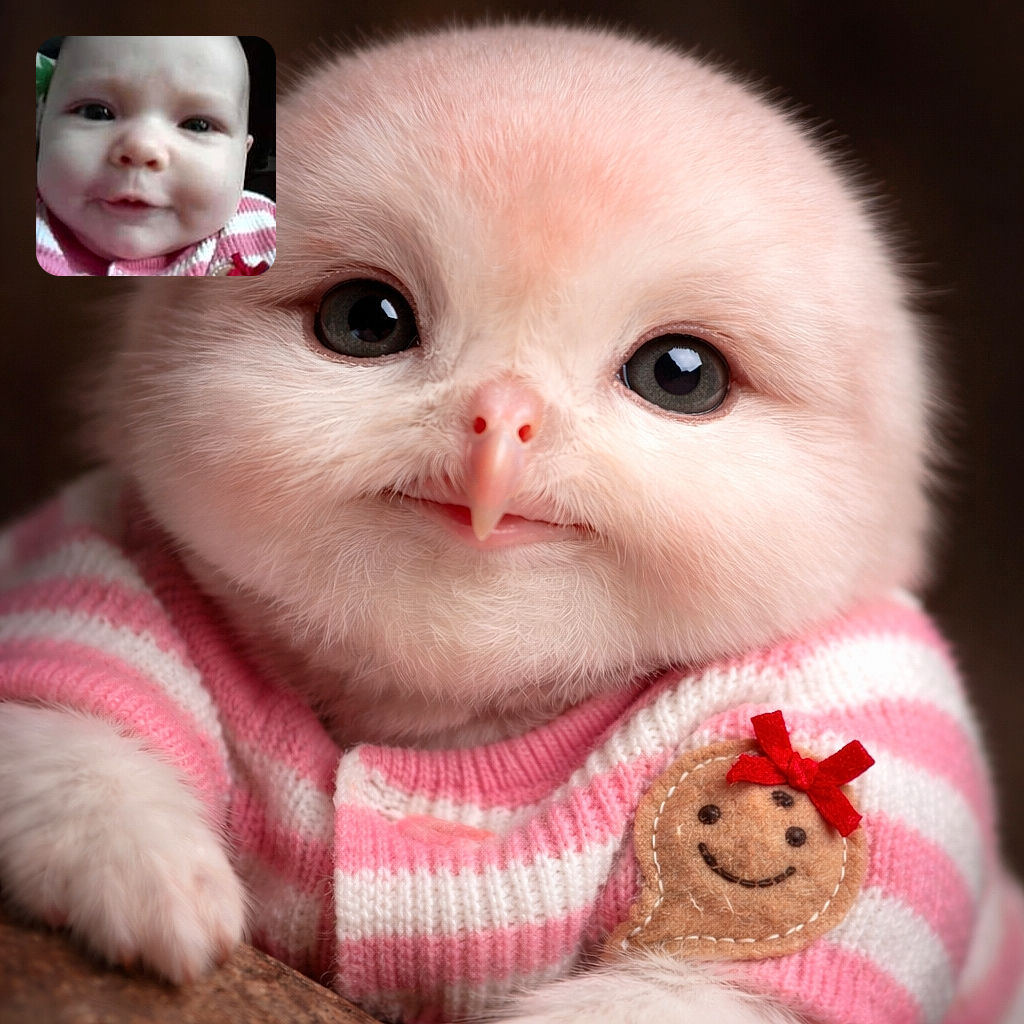 A close-up photo of a baby with a curious and slightly amused expression, wearing a pink and white striped outfit with a small smiling gingerbread figure on it. The background is dark, making the baby's face the main focus.