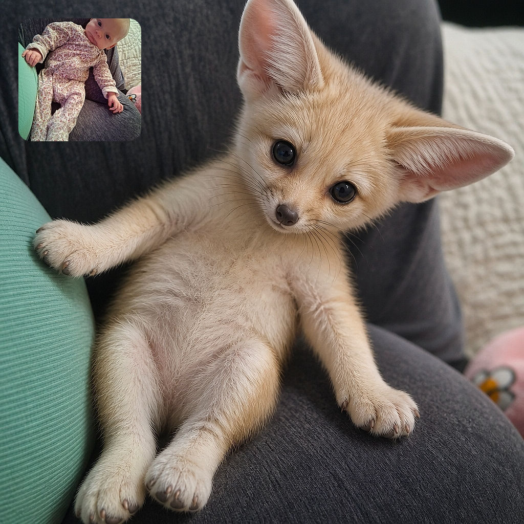 A wide-eyed baby in a tiny floral outfit lounges like a very serious miniature fashion critic, reclining on someone’s lap with one fist ready for dramatic negotiations and a plush toy peeking in from the side.