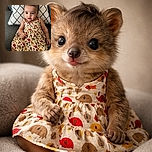 A cute baby girl with big curious eyes is sitting comfortably on a couch, wearing a colorful dress adorned with playful elephants and hot air balloons, backed by a cozy patterned pillow.