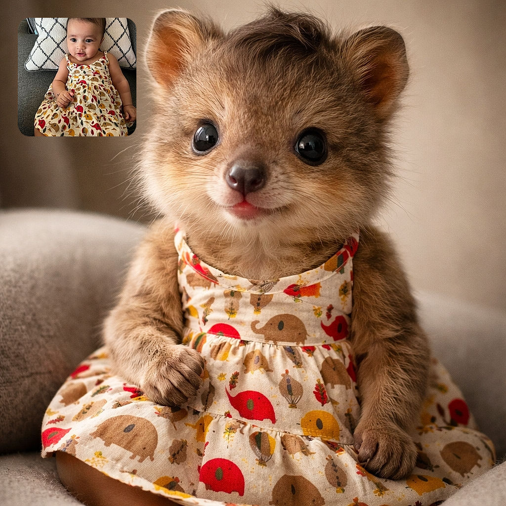 A cute baby girl with big curious eyes is sitting comfortably on a couch, wearing a colorful dress adorned with playful elephants and hot air balloons, backed by a cozy patterned pillow.
