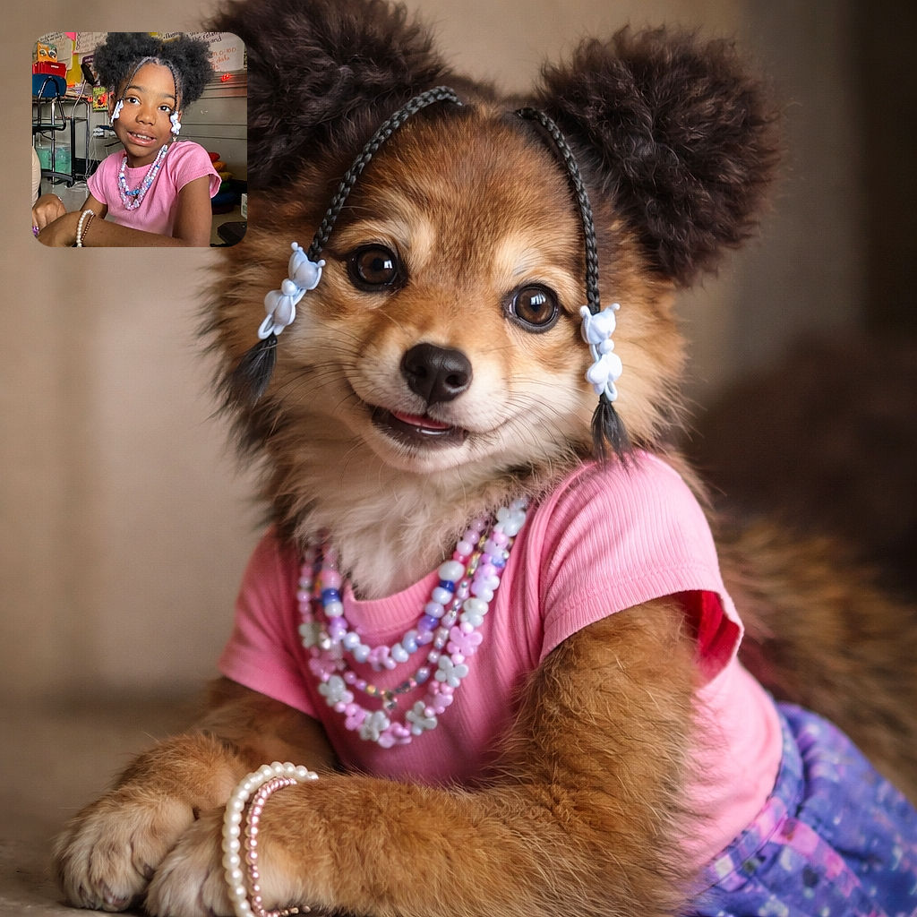 A joyful young girl with adorable puffs and beaded braids is sitting in a colorful classroom, wearing a pink shirt and layered beaded necklaces, while another child in the background covers her face, adding a playful mystery to the scene.