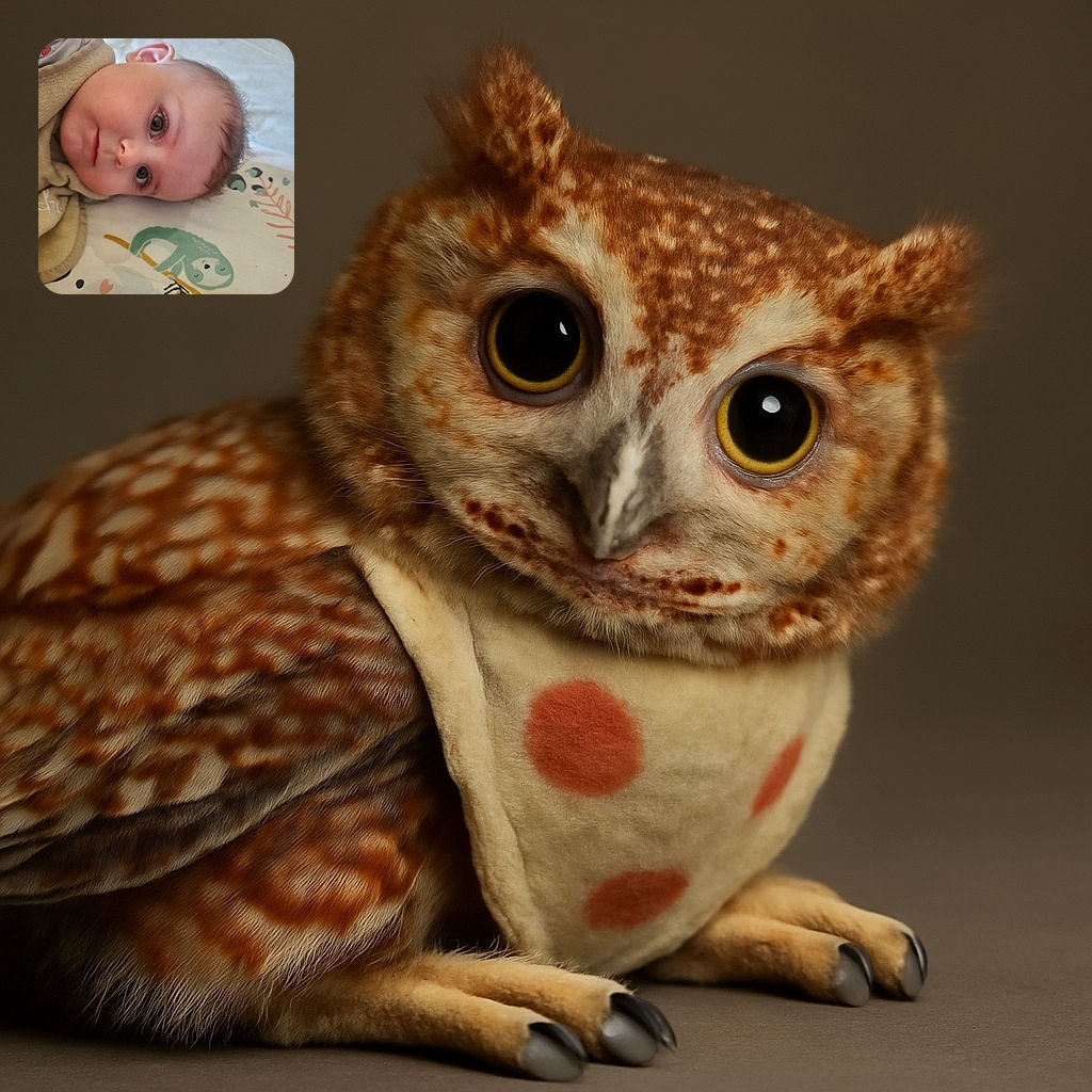 A close-up photo of a baby lying on a patterned blanket with cute animal prints, wrapped partially in a beige cloth, gazing curiously at the camera with big, expressive eyes.