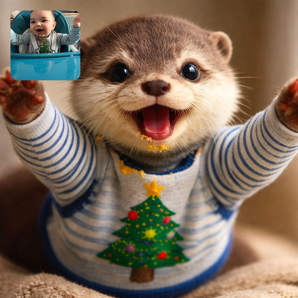 A jubilant baby in a teal high chair, arms waving like tiny sails, sporting a Christmas-tree bib and a proud food moustache — with a glossy tray reflection making a ghostly mini-me.