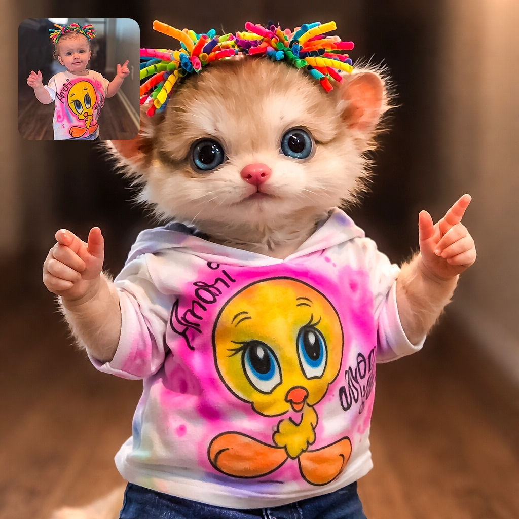 A delightful toddler sporting a neon curlie-headband and a giant Tweety-shirt strikes an enthusiastic pose in the hallway like tiny royalty on a parade route — messy snack-free hair, curious eyes, and both hands mid-gesture as if conducting an imaginary orchestra.