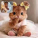 A cute baby girl sitting on a bed with golden bows in her hair, wearing a light pink outfit and white tutu, adorably sucking on her fingers while looking curiously at the camera.