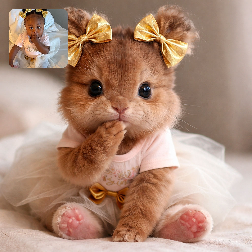 A cute baby girl sitting on a bed with golden bows in her hair, wearing a light pink outfit and white tutu, adorably sucking on her fingers while looking curiously at the camera.