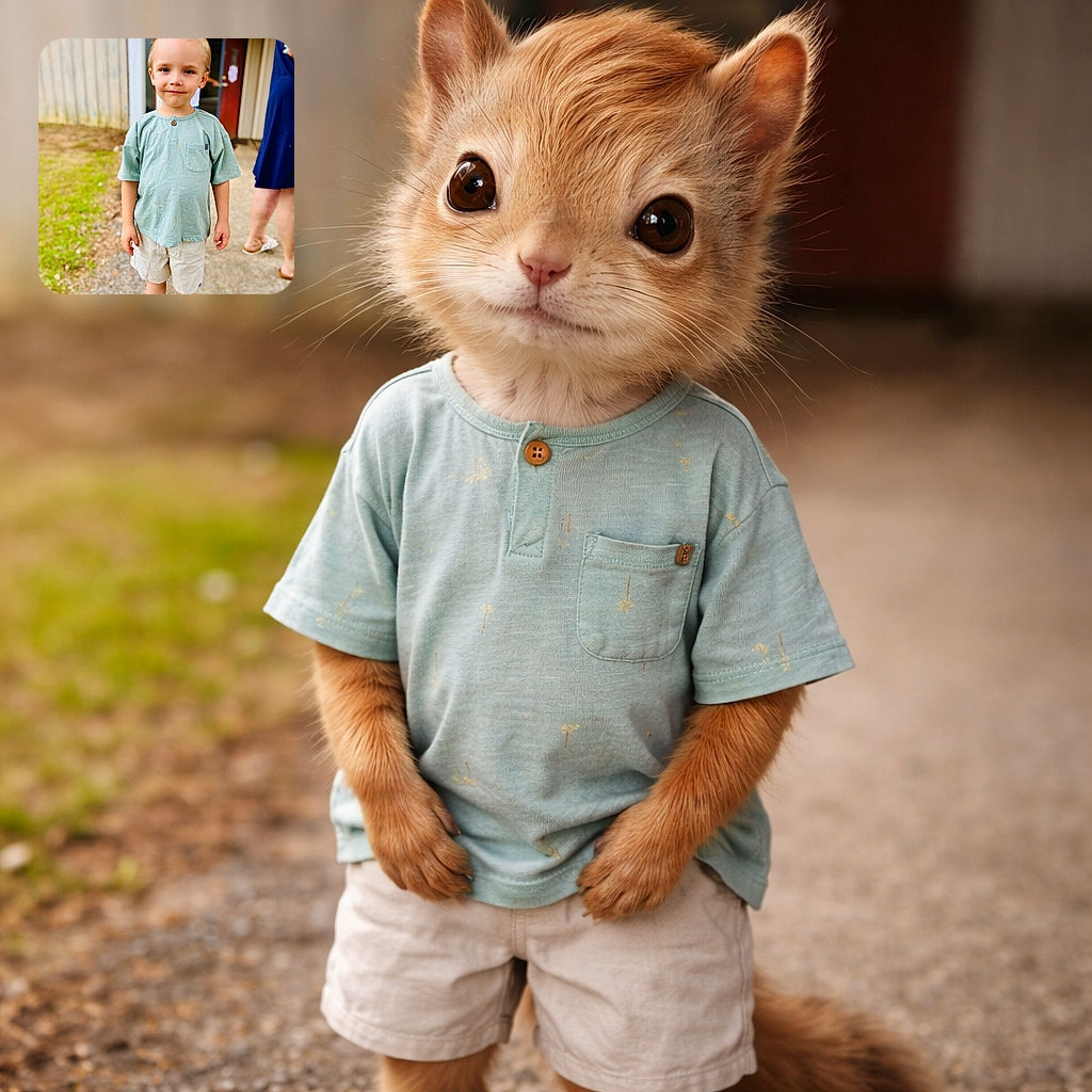 A young boy stands barefoot on a gravel path, wearing a light green shirt and beige shorts, with a slight smile and neatly combed hair. The background shows a rustic building with an open door and a person in a blue dress partially visible, creating a casual outdoor scene.