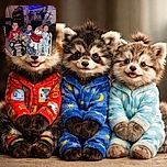 Three cheerful kids in colorful pajamas sitting on small chairs, each holding a plush toy—a bear and a snowman dressed for winter—posing in a cozy living room decorated with Christmas stockings and gifts. The TV glows blue above the fireplace, adding a festive atmosphere.