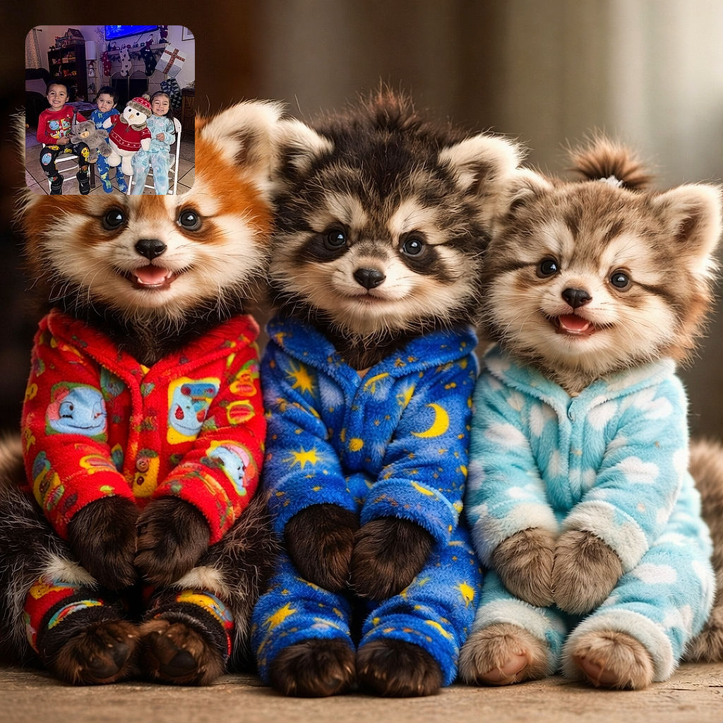 Three cheerful kids in colorful pajamas sitting on small chairs, each holding a plush toy—a bear and a snowman dressed for winter—posing in a cozy living room decorated with Christmas stockings and gifts. The TV glows blue above the fireplace, adding a festive atmosphere.