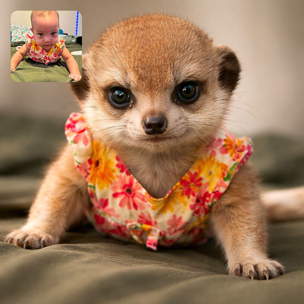 A curious baby in a colorful floral outfit is lying on a green blanket, staring intently at the camera with wide eyes, while the background shows a cozy bed with patterned pillows and a soft ambiance.