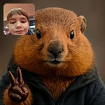 A close-up selfie of a young child with short brown hair, softly smiling with a hint of mischief, indoors with festive lights and people blurred in the background, giving a cozy and cheerful vibe.